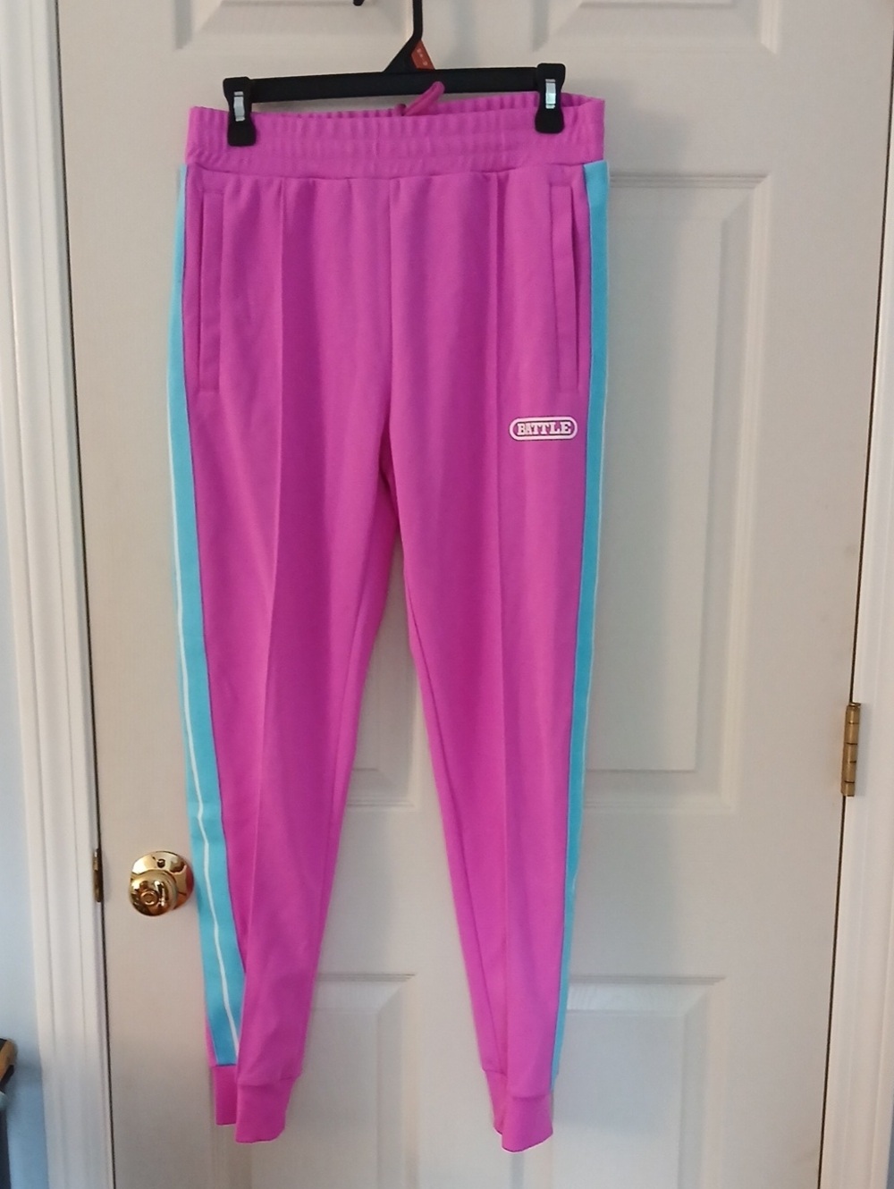 BATTLE Pink Track Pants with Blue Side Stripe